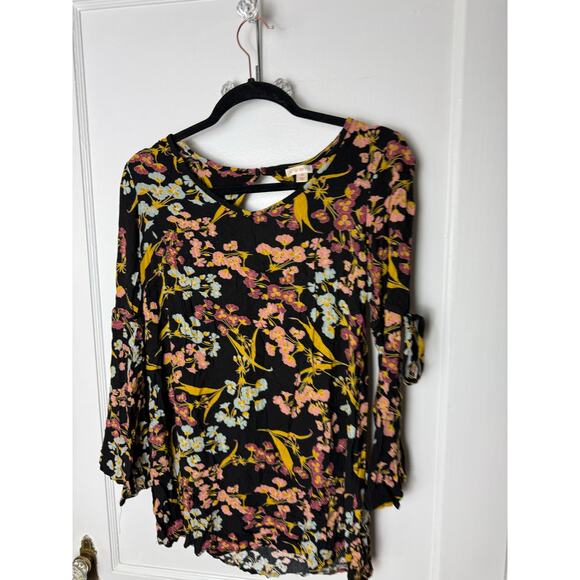 Xhilaration Tunic Top Blouse Women's XS Black Moody Floral Boho Peasant Ruffle - Picture 8 of 8
